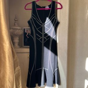 STUNNING HERVE LEGER DRESS WITH SILVER PIPING THROUGH OUT SIZE MEDIUM